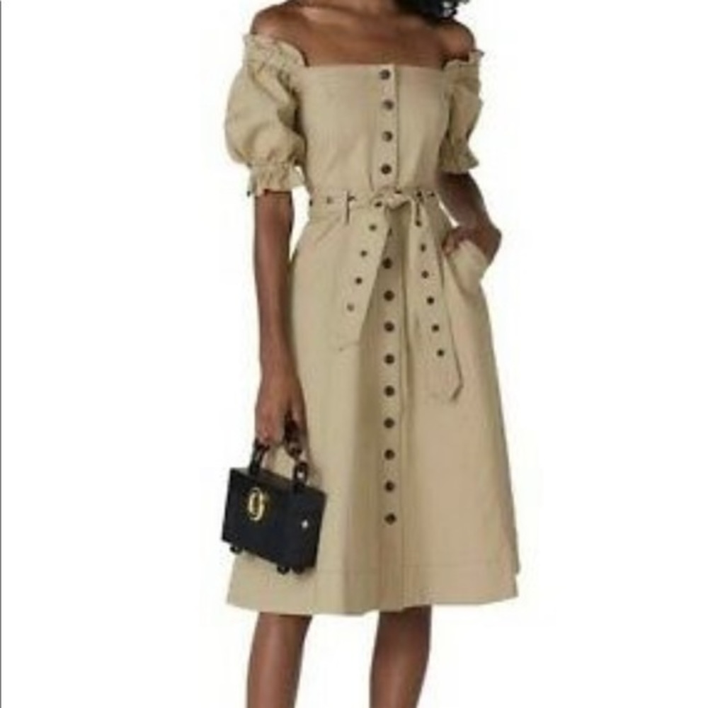 Marissa Webb Collective Size 6 Canvas Dress Beige Puff Sleeve Woven Snap Buttons